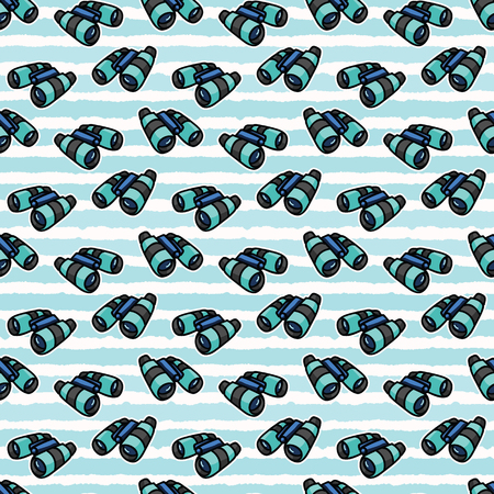 Cute blue binoculars stripe cartoon seamless vector pattern. Hand drawn field navigation tile.のイラスト素材