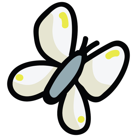 Cute white butterfly cartoon vector illustration motif set. Hand drawn pretty lepidoptera blog icons.のイラスト素材