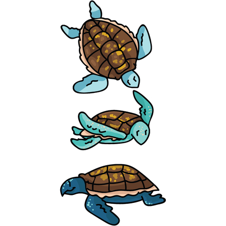 Cute sea turtle cartoon vector illustration motif set. Hand drawn isolated endangered ocean life elements clipart for animal conservation blog, shell graphic.のイラスト素材