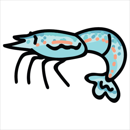 Cute fresh shrimp cartoon vector illustration motif set. Hand drawn isolated crustacean elements clipart for marine life blog, prawn graphic, shrimp web buttonsのイラスト素材