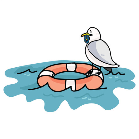 Cute seagull fishing cartoon vector illustration motif set. Hand drawn isolated seaside wildlife elements clipart for nautical blog, shell graphic, life ring, blue tang web buttons.のイラスト素材