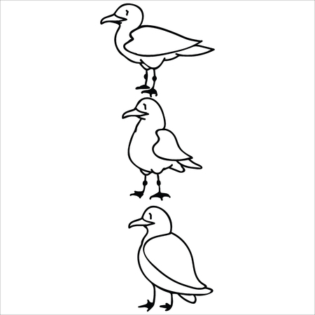 Cute group of seagulls monochrome cartoon vector illustration motif set. Hand drawn isolated seaside wildlife elements clipart for nautical birdwatching blog, bird graphic, feather web buttons.のイラスト素材