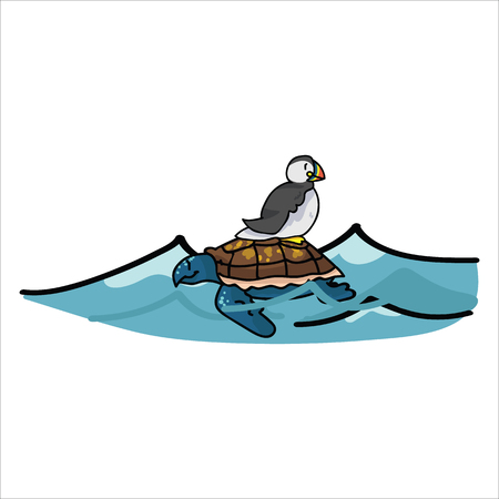Cute puffin riding turtle cartoon vector illustration motif set. Hand drawn isolated seaside wildlife elements clipart for nautical blog, shell graphic, ocean web buttons.のイラスト素材