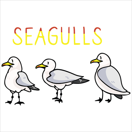 Cute seagull text cartoon vector illustration motif set. Hand drawn isolated seaside wildlife elements clipart for nautical birdwatching blog, bird graphic, feather web buttons.のイラスト素材
