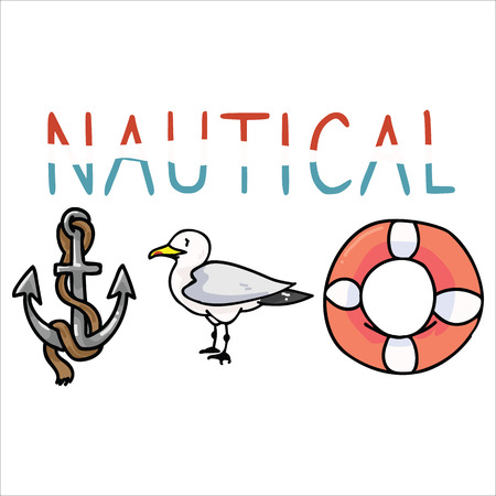 Nautical typography cartoon vector illustration motif set. Hand drawn isolated ocean wildlife elements clipart for anchor blog, lifering graphic, ocean web buttons.のイラスト素材