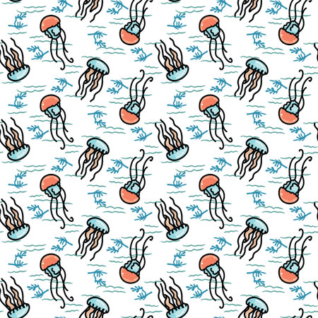 Cute scattered jellyfish cartoon seamless vector pattern. Hand drawn ocean life tile. All over print...