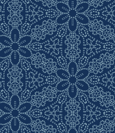 Damask flower motif sashiko stitch pattern. Japanese needlework seamless vector background. Hand...