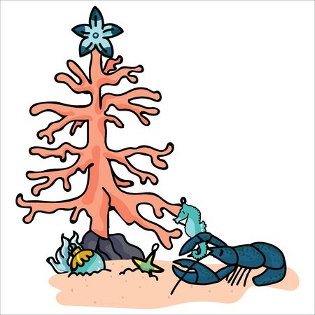 Underwater christmas tree decorating lobster cartoon vector illustration motif set. Hand drawn isolated seahorse xmas elements clipart for cephalopod blog, nautical graphic. のイラスト素材