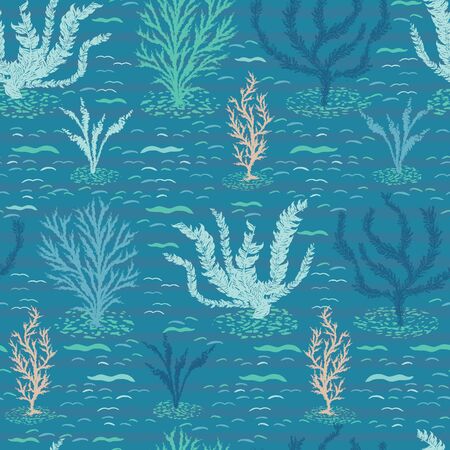 Hand drawn coral reef ocean sealife seamless pattern. Tropical marine vector illustration. Under the sea water background. Nautical beach textiles, coastal kids fashion all over prints. Turquoise blueのイラスト素材