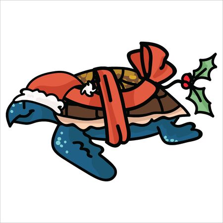 Cute underwater christmas turtle cartoon vector illustration motif set. Hand drawn isolated wrapped gift and holly elements clipart for xmas beach blog, nautical gifts graphic.のイラスト素材