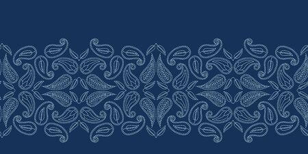 Floral leaf paisley motif sashiko style. Japanese needlework seamless border vector pattern. Hand stitch indigo blue boteh foulard ribbon trim. Classic japan decor. Embroidery kimono quilt template.のイラスト素材