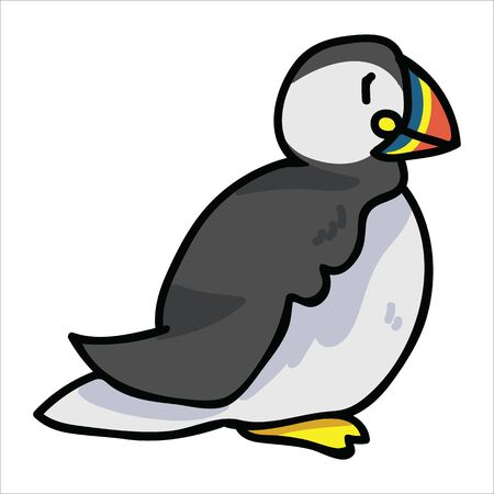 Puffin sitting cartoon vector illustration motif set. Hand drawn isolated seaside wildlife elements clipart for nautical birdwatching blog, bird graphic, feather web buttons.のイラスト素材