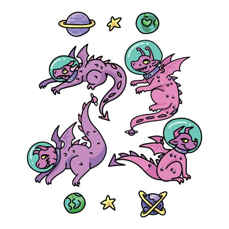 Cute girls astronaut dragon cartoon vector illustration motif set. Hand drawn isolated space fairytale elements clipart for planetary blog, star and galaxy graphic, lizard web buttons.のイラスト素材