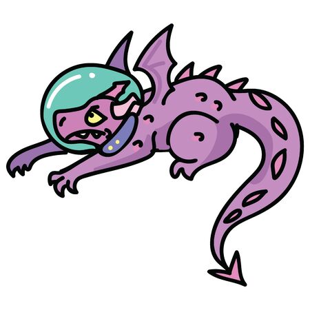 Cute purple astronaut dragon cartoon vector illustration motif set. Hand drawn isolated space fairytale elements clipart for mythology blog, star and galaxy graphic, girly web buttons.のイラスト素材