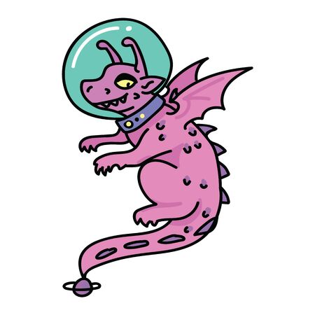 Cute girls astronaut dragon cartoon vector illustration motif set. Hand drawn isolated space fairytale elements clipart for mythology blog, star and galaxy graphic, lizard web buttons.のイラスト素材