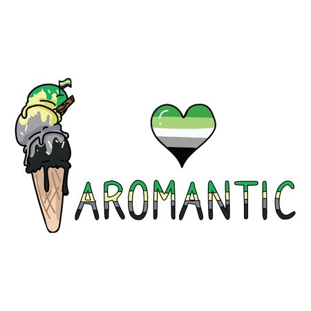 Cute aromantic ice cream cone cartoon vector illustration motif set. LGBTQ aro sweet treat elements for pride blog. Typography graphic for summer web buttons.のイラスト素材