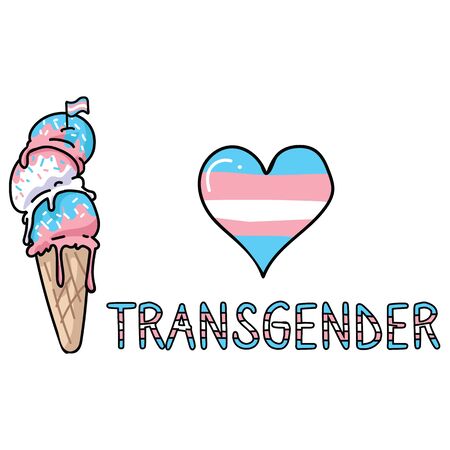 Cute transgender ice cream cone cartoon vector illustration motif set. LGBTQ gender sweet treat elements for pride blog. Typography graphic for summer web buttons.のイラスト素材