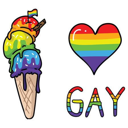 Cute gay ice cream cone cartoon vector illustration motif set. LGBTQ sweet treat elements for pride blog. Typography graphic for summer web buttons.のイラスト素材
