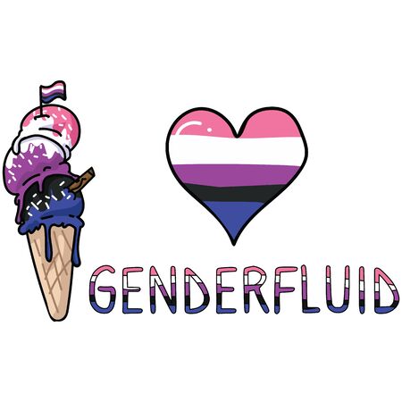 Cute gender fluid ice cream cone cartoon vector illustration motif set. LGBTQ gender sweet treat elements for pride blog. Typography graphic for summer web buttons.のイラスト素材