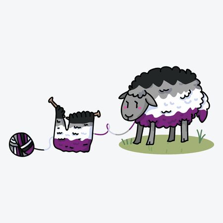 Cute asexual wooly sheep cartoon vector illustration motif set. Hand drawn isolated knitting yarn elements clipart for pride handcraft blog, diversity graphic, lgbt web buttons.のイラスト素材
