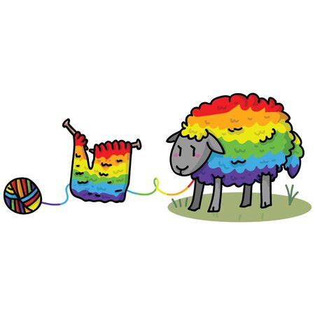 Cute gay rainbow sheep cartoon vector illustration motif set. Hand drawn isolated knitting yarn elements clipart for pride handcraft blog, diversity graphic, lgbt web buttons.のイラスト素材
