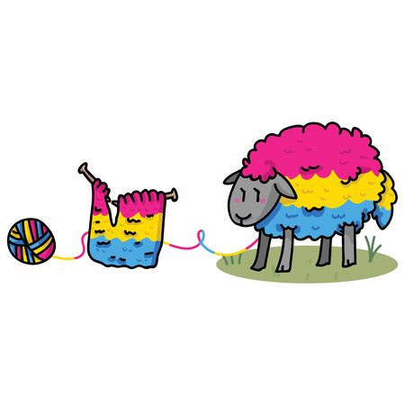 Cute pansexual sheep cartoon vector illustration motif set. Hand drawn isolated knitting yarn elements clipart for pride handcraft blog, diversity graphic, lgbt web buttons.のイラスト素材
