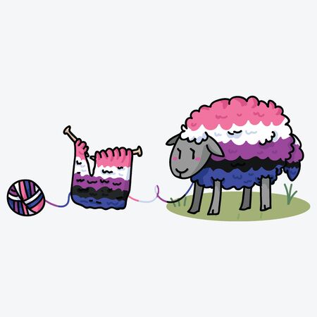 Cute gender fluid fluffy sheep cartoon vector illustration motif set. Hand drawn isolated knitting yarn elements clipart for pride handcraft blog, diversity graphic, lgbt web buttons.のイラスト素材