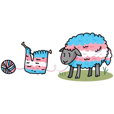 Cute transgender fluffy sheep cartoon vector illustration motif set. Hand drawn isolated knitting yarn elements clipart for pride handcraft blog, diversity graphic, lgbt web buttons.のイラスト素材
