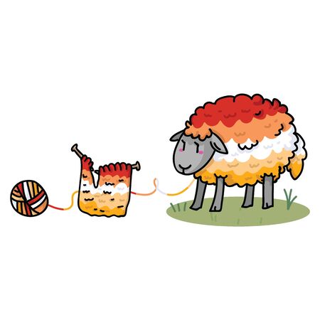 Cute butch lesbian fluffy sheep cartoon vector illustration motif set. Hand drawn isolated knitting yarn elements clipart for pride handcraft blog, diversity graphic, lgbt web buttons.のイラスト素材