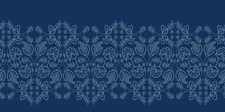 Floral leaf paisley motif sashiko style. Japanese needlework seamless border vector pattern. Hand indigo blue boteh foulard ribbon trim. Classic japan decor. Embroidery kimono quilt template.のイラスト素材