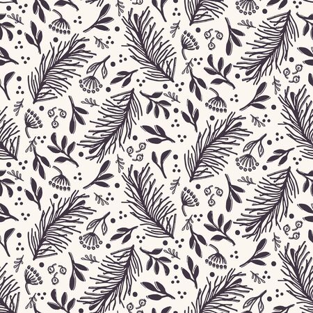 Hand drawn abstract Christmas foliage pattern. Tossed fir tree branch, leaves, berries background. Winter holiday all over print. Festive gift wrapping paper illustration. Seamless vector swatch.のイラスト素材