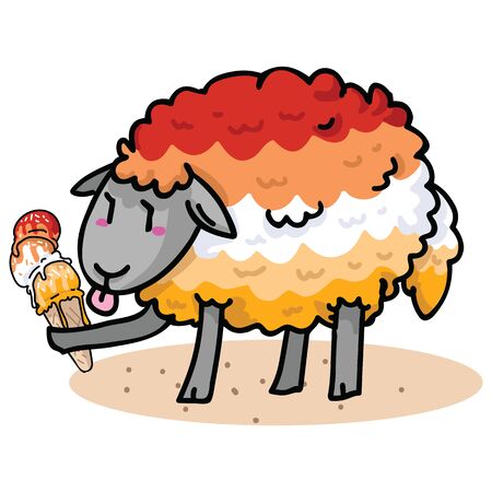 Cute butch lesbian sheep with tasty ice cream cartoon vector illustration motif set. Hand drawn isolated summer treat elements clipart for pride blog, diversity graphic, lgbt web buttons.のイラスト素材