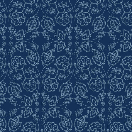 Floral leaf damask motif sashiko style. Japanese needlework seamless vector pattern. Hand indigo blue lace textile print. Classic japan decor, asian fusion embroidery. Kimono quilt template.のイラスト素材