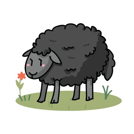 Black sheep in a field cartoon vector illustration motif set. Hand drawn isolated agriculture livestock elements clipart for farming blog, wooly graphic, mutton web buttons.のイラスト素材