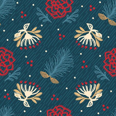 Hand drawn abstract Christmas foliage pattern. Tossed fir tree branch, poinsettia flower background. Winter holiday all over print. Festive gift wrapping paper illustration. Seamless vector swatch.のイラスト素材