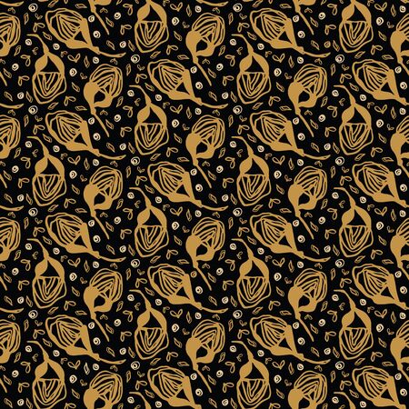 Hand drawn tossed pattern. Vector seamless background. Stylized ink flower stem illustration. Trendy retro gold style home decor, elegant nature fashion print. Black yellow stylish polka dots.のイラスト素材