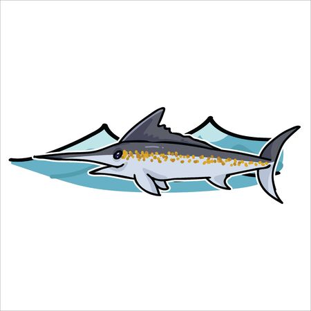 Cute ocean marlin with wave cartoon vector illustration motif set. Hand drawn isolated sea life swordfish elements clipart for nautical blog, sword graphic, fishing web buttons.のイラスト素材