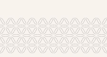 Running stitch embroidery border pattern. Simple needlework seamless vector background. Hand drawn geometric floral textile trim edge. Ecru cream home decor. Monochrome sashiko style.のイラスト素材