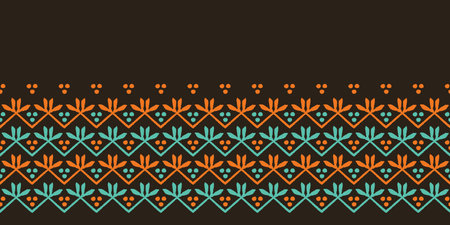 Leaves stripes seamless border pattern. Stylized retro floral stems ribbon trim. 1960s fall autumn...