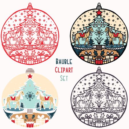 Horse toy Christmas bauble ornament set. Isolated festive design element. Hand draw winter holiday clip art icon. Festive fir tree vector illustration for traditional yuletide greeting card.のイラスト素材