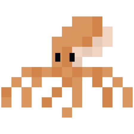 Cute 8 bit octopus illustration. Retro game sealife vector. Pixel cephalopod clipart.のイラスト素材