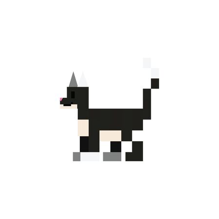 Cute 8 bit tuxedo cat vector illustration. Pixel feline pet clipart.のイラスト素材