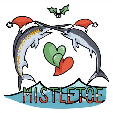 Cute ocean marlin mistletoe cartoon vector illustration motif set. Hand drawn isolated sea life lover swordfish elements clipart for christmas blog, sword graphic, fishing web buttons.のイラスト素材