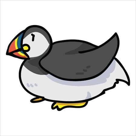 Cute puffin lying down cartoon vector illustration motif set. Hand drawn isolated seaside wildlife elements clipart for nautical birdwatching blog, bird graphic, feather web buttons.のイラスト素材