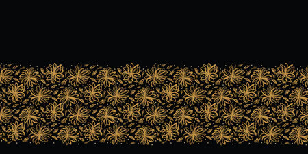 Hand drawn floral tossed border pattern. Vector seamless background. Stylized ink flower stem illustration. Trendy retro old gold style home decor trimming, elegant nature banner, stylish polka dots.のイラスト素材