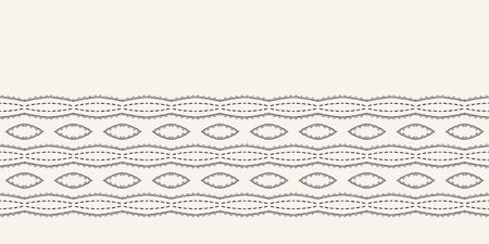 Running stitch embroidery border. Victorian diamond needlework pattern. Hand drawn ornamental textile ribbon. Ecru cream home decor edging. Monochrome chevron seamless vector background.のイラスト素材