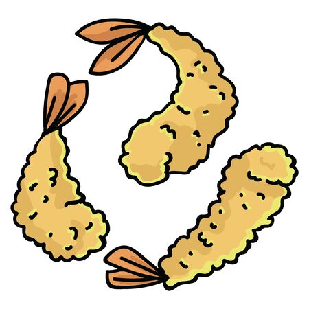 Cute prawn tempura. Hand drawn japanese snack food clipart.のイラスト素材