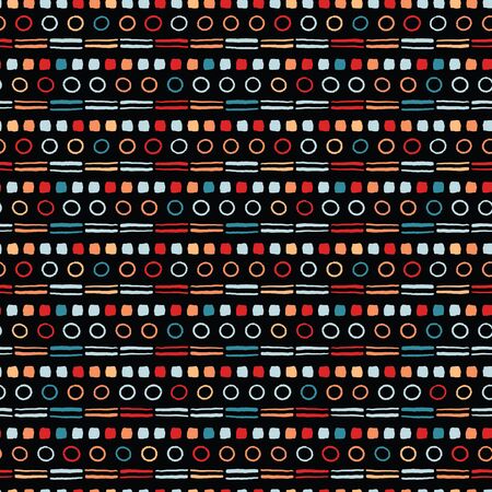 Seamless vector pattern. Modern broken line hand drawn dot stripes. Repeating brush stroke geometricb ackground. Abstract folk art colors. Trendy surface design textiles, allover print.のイラスト素材