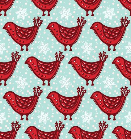 Seamless pattern. Hand drawn Christmas robin bird background. Frosty snowflakes all over print. Winter holidays gift wrap paper. Festive winter illustration. Traditional yule home decor.のイラスト素材