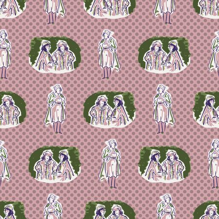 1950s ladies stylish outfit seamless vector pattern. Hand drawn loose lineart style of retro fifties vintage woman with polka dot background tile.のイラスト素材